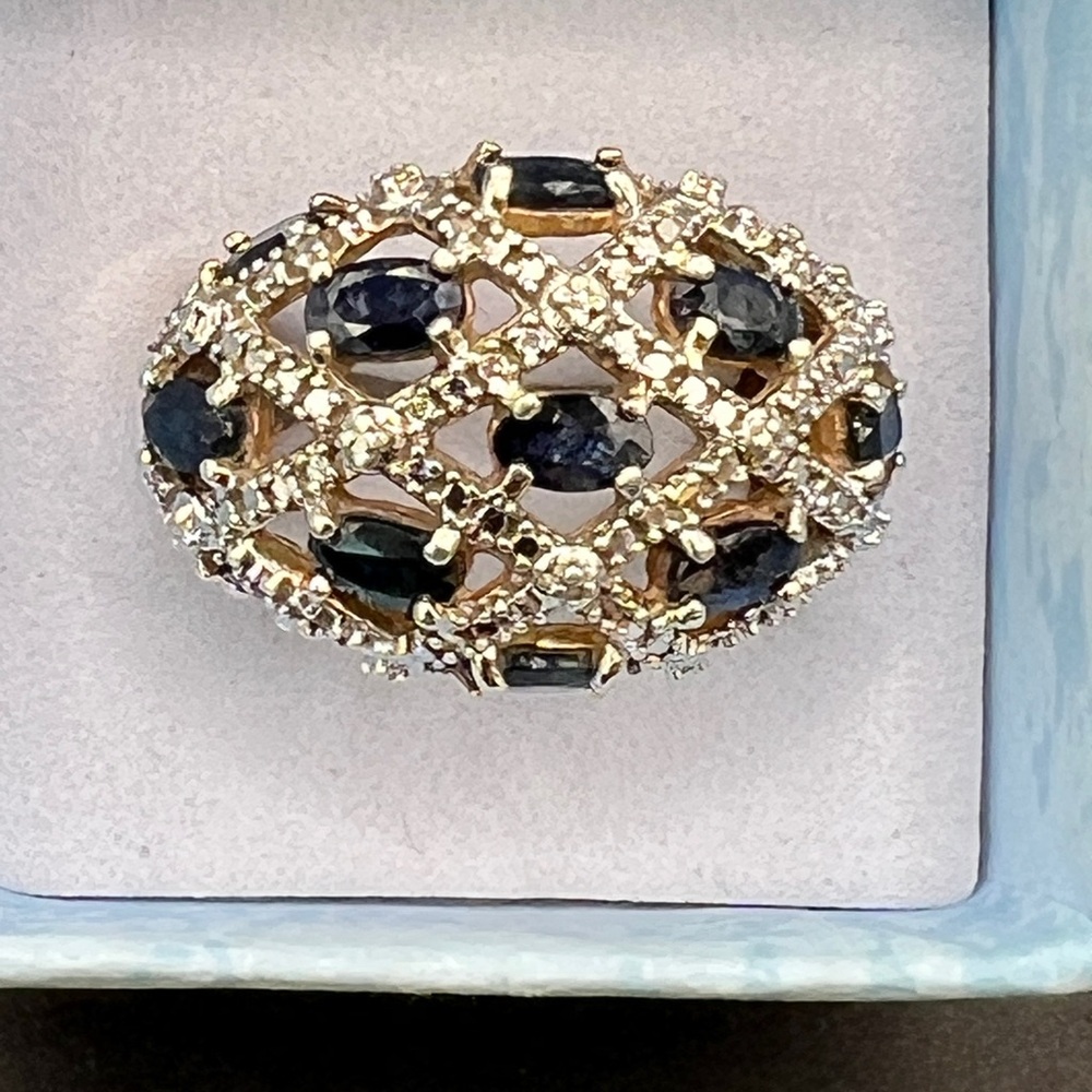 Vintage Sapphire & Crystal Dome Ring. Size 8 1/2. Metal Unmarked